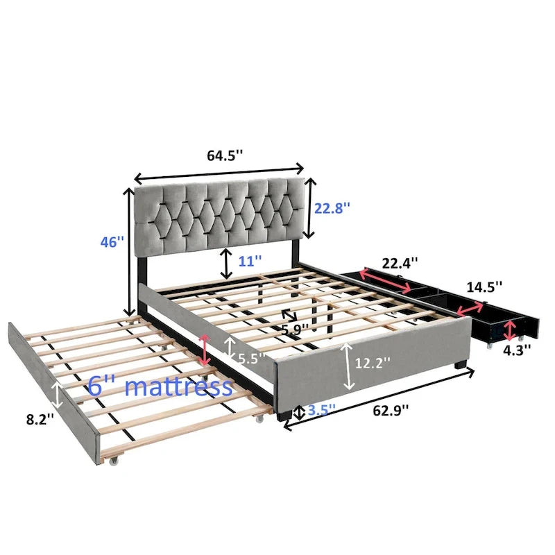 Lit plate-forme Queen Size avec tête de lit capitonnée dorée avec lit gigogne et tiroirs de rangement (capacité de 272 kg)