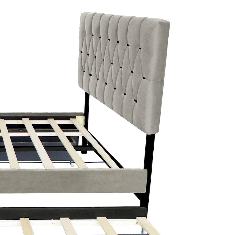 Lit plate-forme Queen Size avec tête de lit capitonnée dorée avec lit gigogne et tiroirs de rangement (capacité de 272 kg)