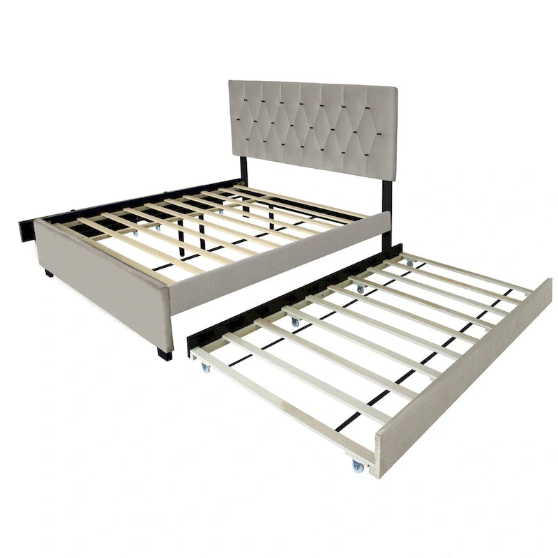 Lit plate-forme Queen Size avec tête de lit capitonnée dorée avec lit gigogne et tiroirs de rangement (capacité de 272 kg)