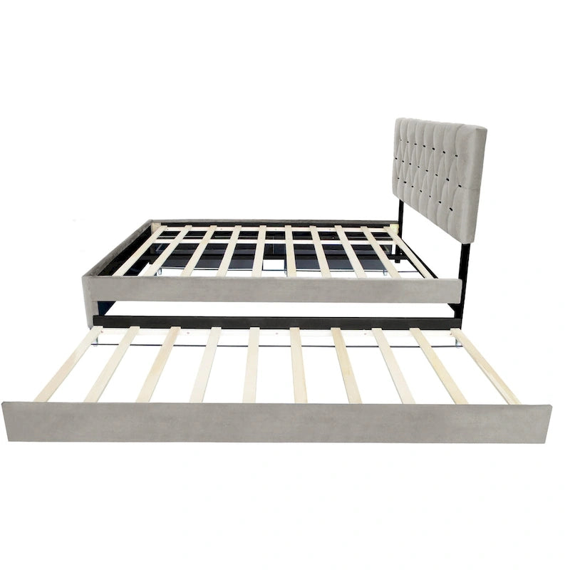 Lit plate-forme Queen Size avec tête de lit capitonnée dorée avec lit gigogne et tiroirs de rangement (capacité de 272 kg)