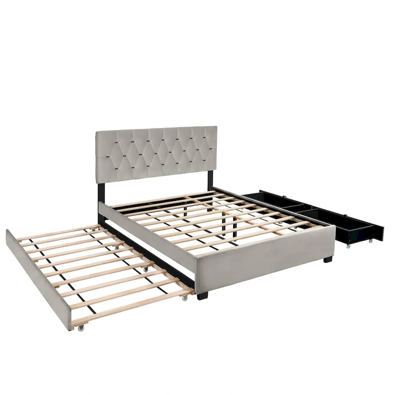 Lit plate-forme Queen Size avec tête de lit capitonnée dorée avec lit gigogne et tiroirs de rangement (capacité de 272 kg)