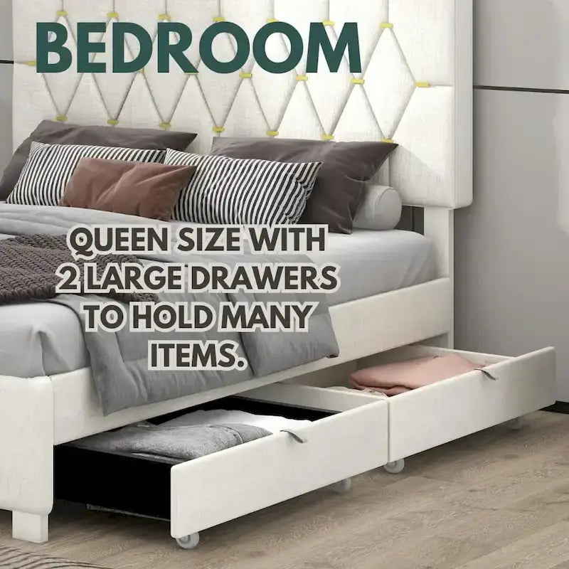 Lit plate-forme Queen Size avec tête de lit capitonnée dorée avec lit gigogne et tiroirs de rangement (capacité de 272 kg)