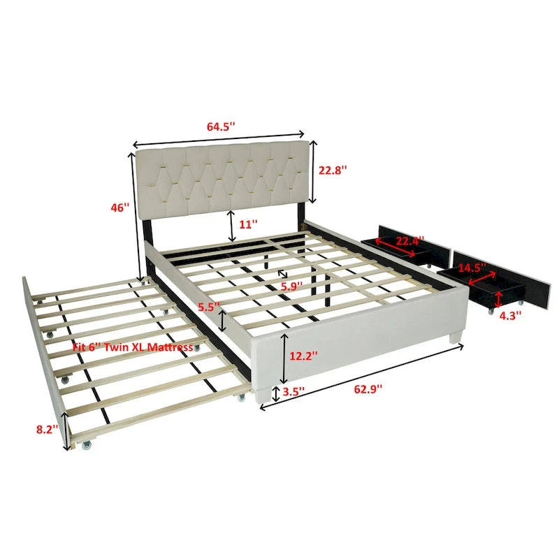 Lit plate-forme Queen Size avec tête de lit capitonnée dorée avec lit gigogne et tiroirs de rangement (capacité de 272 kg)