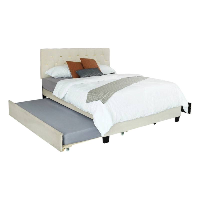 Lit plate-forme Queen Size avec tête de lit capitonnée dorée avec lit gigogne et tiroirs de rangement (capacité de 272 kg)