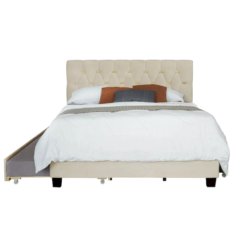 Lit plate-forme Queen Size avec tête de lit capitonnée dorée avec lit gigogne et tiroirs de rangement (capacité de 272 kg)