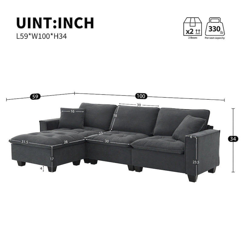 Canapé d'angle convertible quatre places en L gris