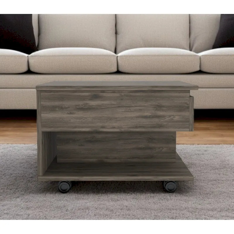 Table basse rectangulaire en bois composite marron foncé, réglable en hauteur