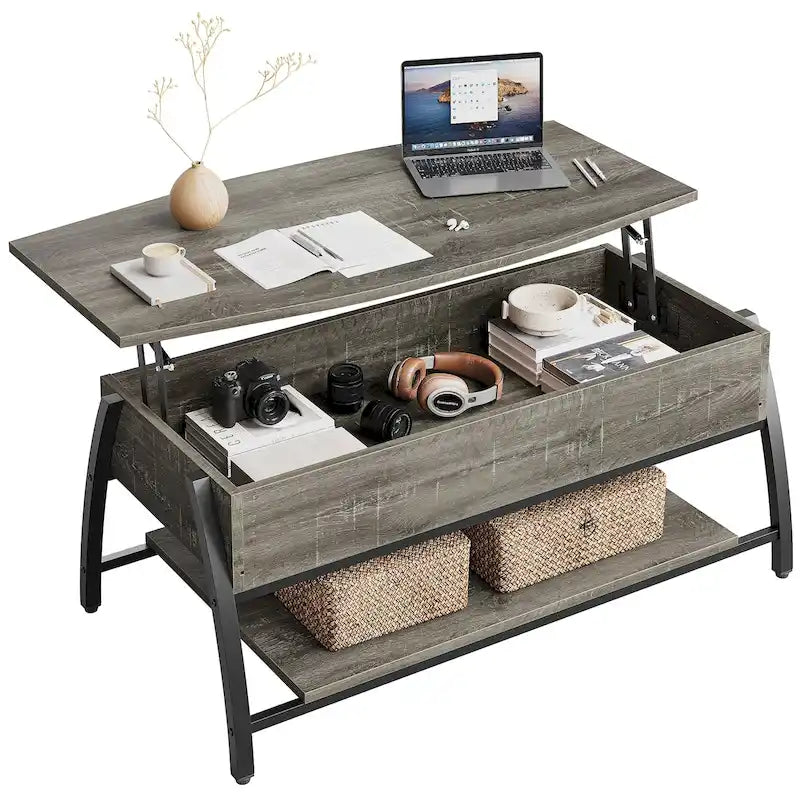 Table basse relevable avec un plateau ovale en bois
