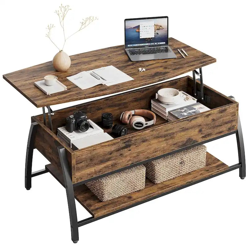 Table basse relevable avec un plateau ovale en bois