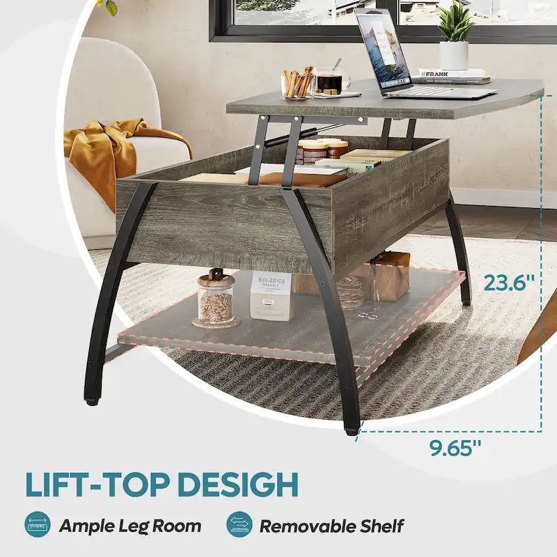 Table basse relevable avec un plateau ovale en bois