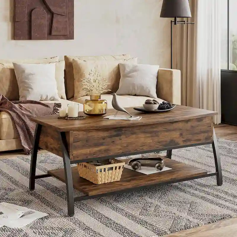 Table basse relevable avec un plateau ovale en bois