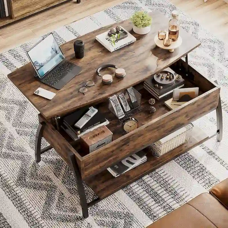 Table basse relevable avec un plateau ovale en bois