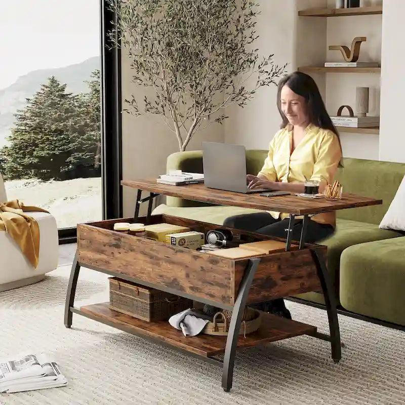 Table basse relevable avec un plateau ovale en bois