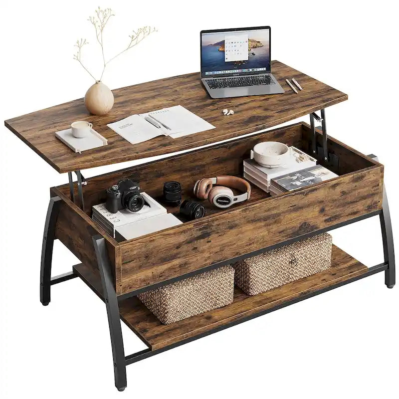 Table basse relevable avec un plateau ovale en bois