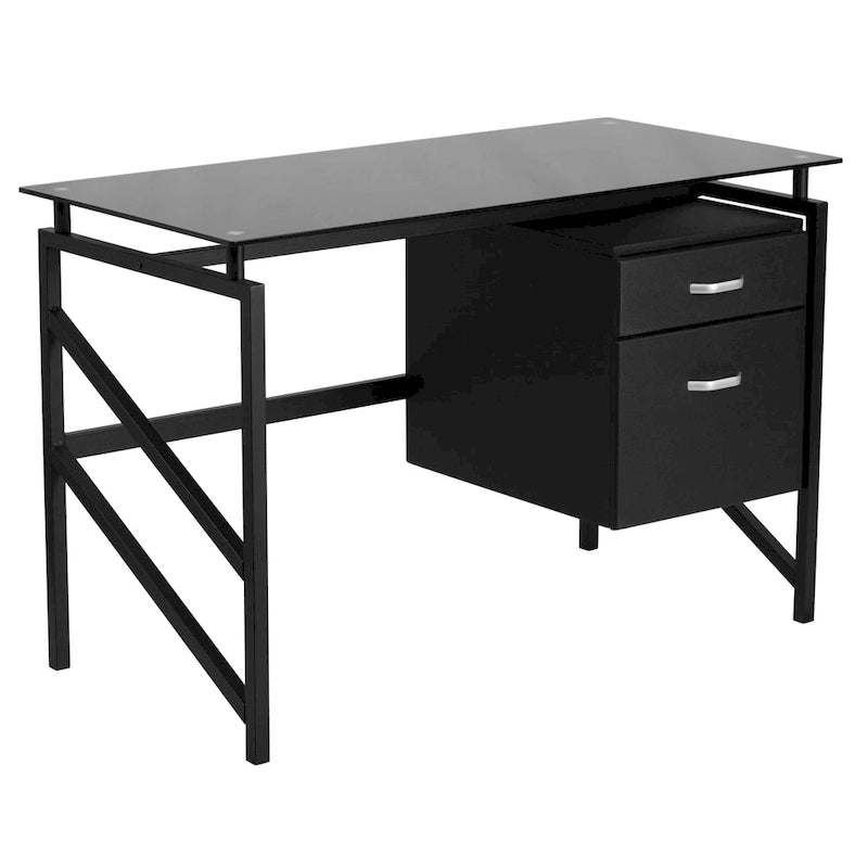 Bureau piédestal à deux tiroirs avec plateau en verre trempé et cadre en métal