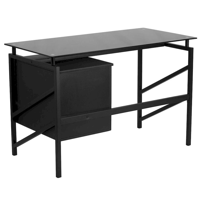 Bureau piédestal à deux tiroirs avec plateau en verre trempé et cadre en métal