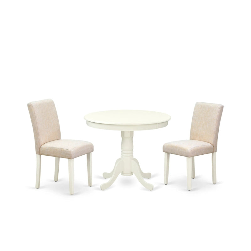 Table et chaises de salle à manger - table à manger ronde et chaises en lin beige clair, blanc lin