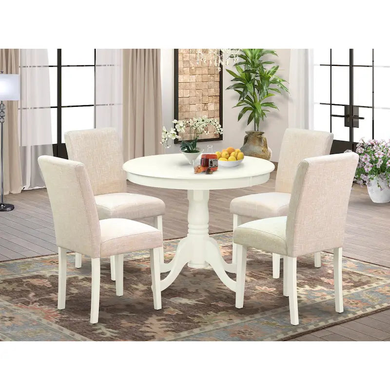 Table et chaises de salle à manger - table à manger ronde et chaises en lin beige clair, blanc lin