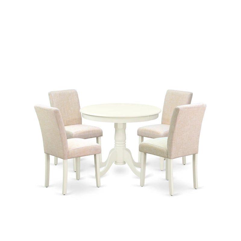 Table et chaises de salle à manger - table à manger ronde et chaises en lin beige clair, blanc lin