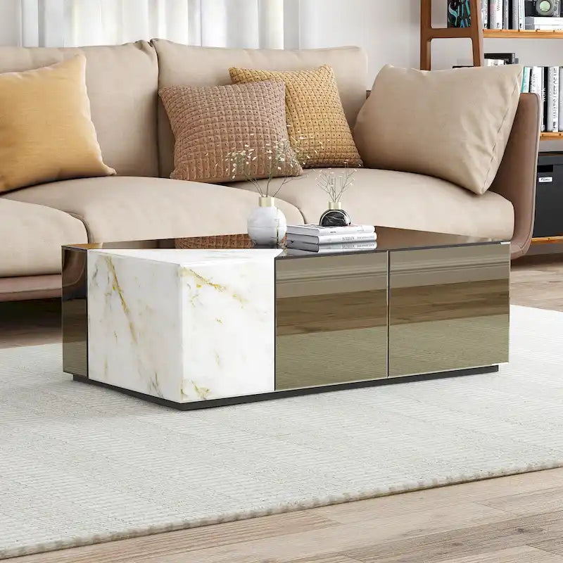 Table basse en blocs miroir avec un motif patchwork de marbre unique