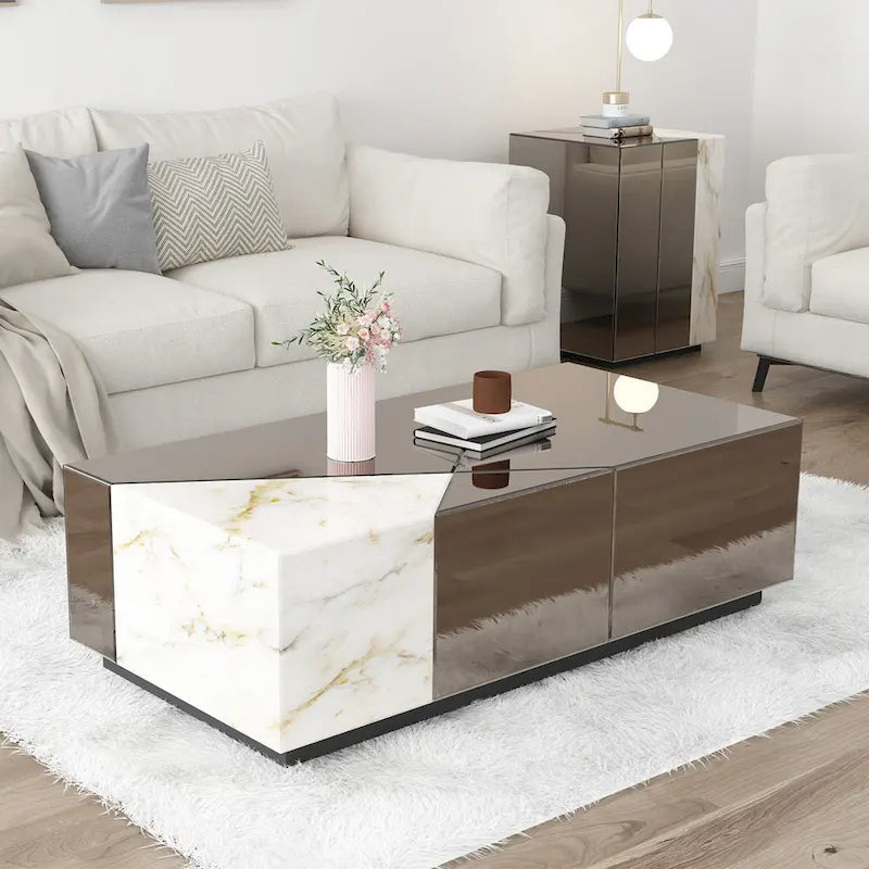 Table basse en blocs miroir avec un motif patchwork de marbre unique