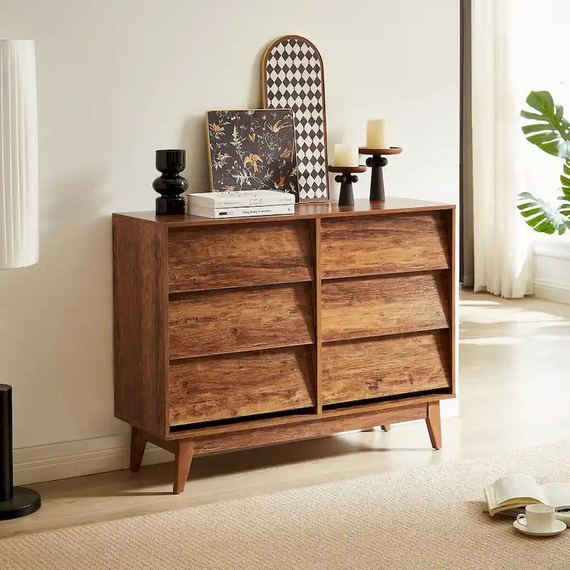 Commode à 6 tiroirs de style Mid-Century Modern avec motif biseauté
