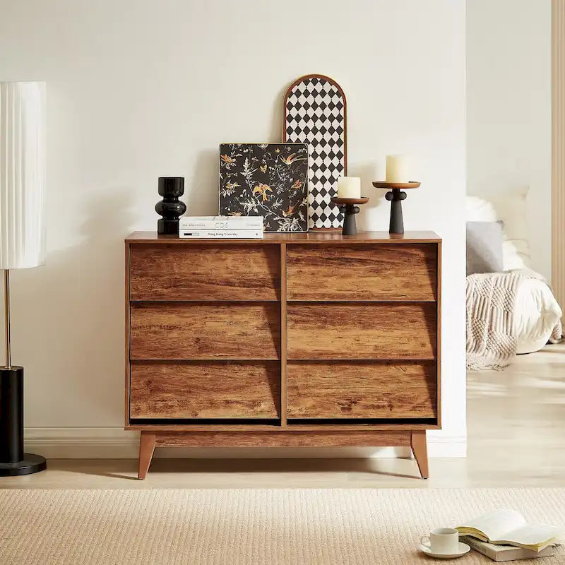 Commode à 6 tiroirs de style Mid-Century Modern avec motif biseauté