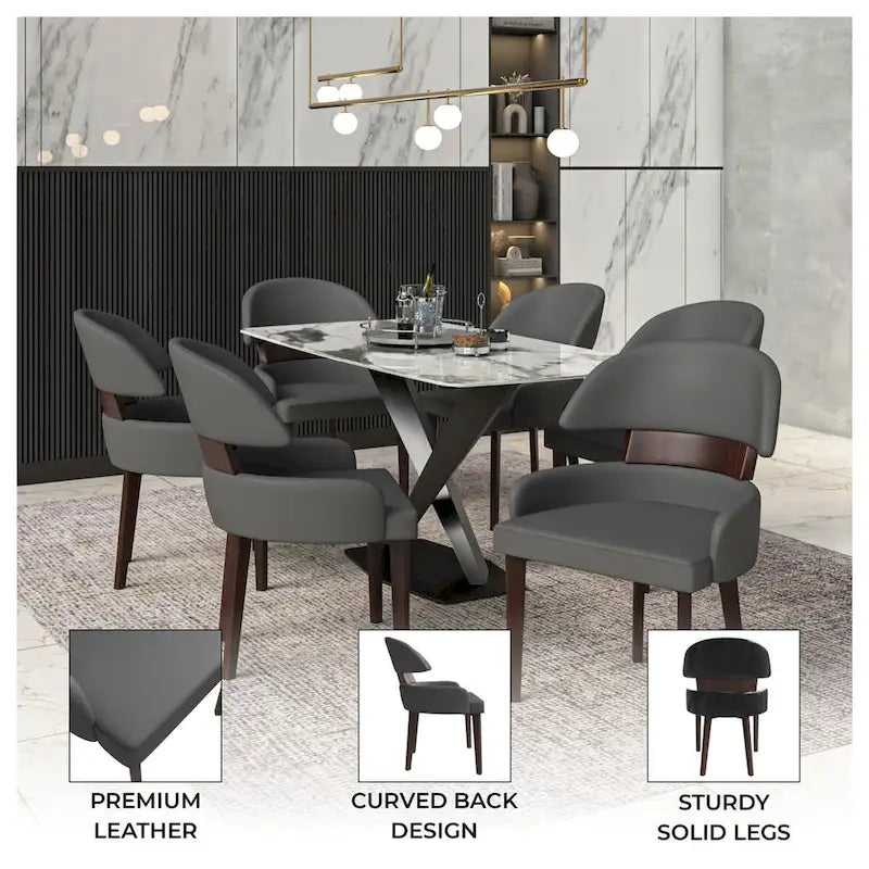 Chaise de salle à manger en cuir à dossier incurvé en bois d'hévéa