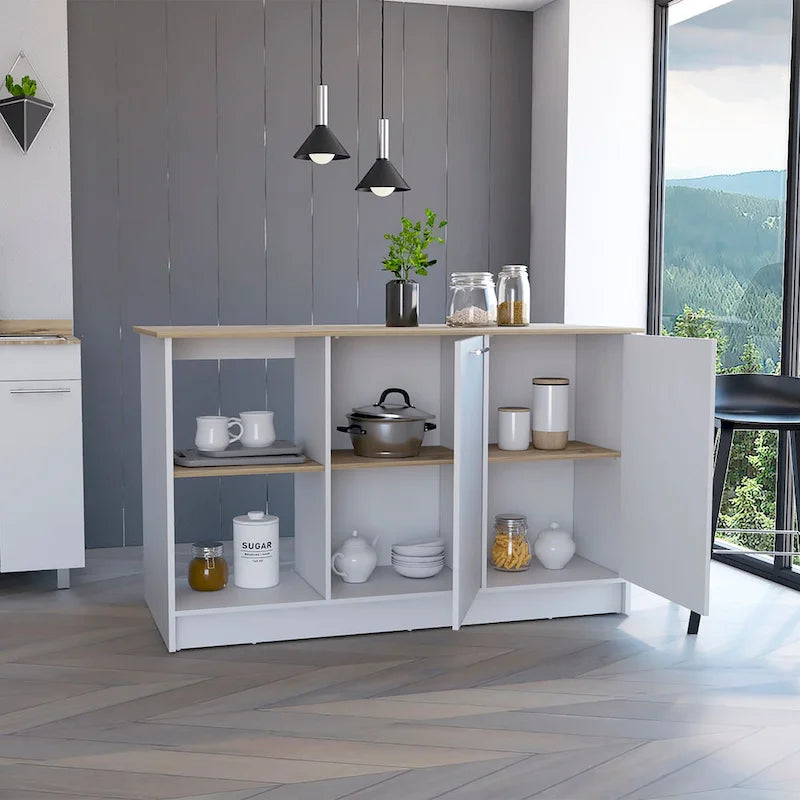 Îlot de cuisine pour salle à manger, cuisine, blanc / chêne clair