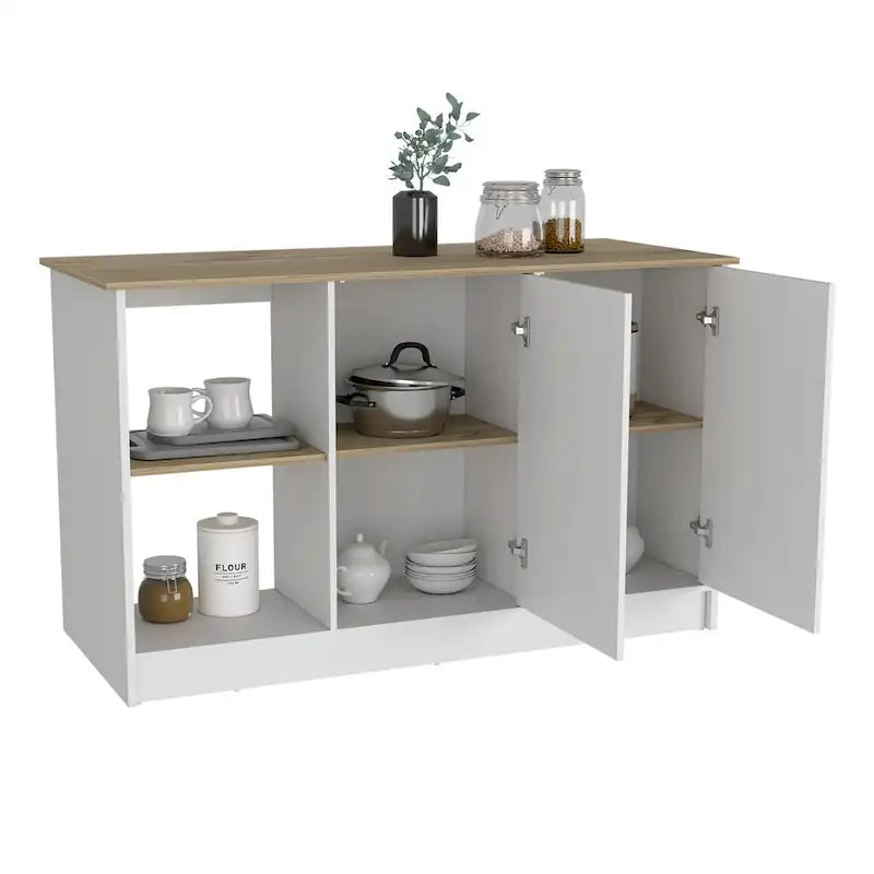 Îlot de cuisine pour salle à manger, cuisine, blanc / chêne clair